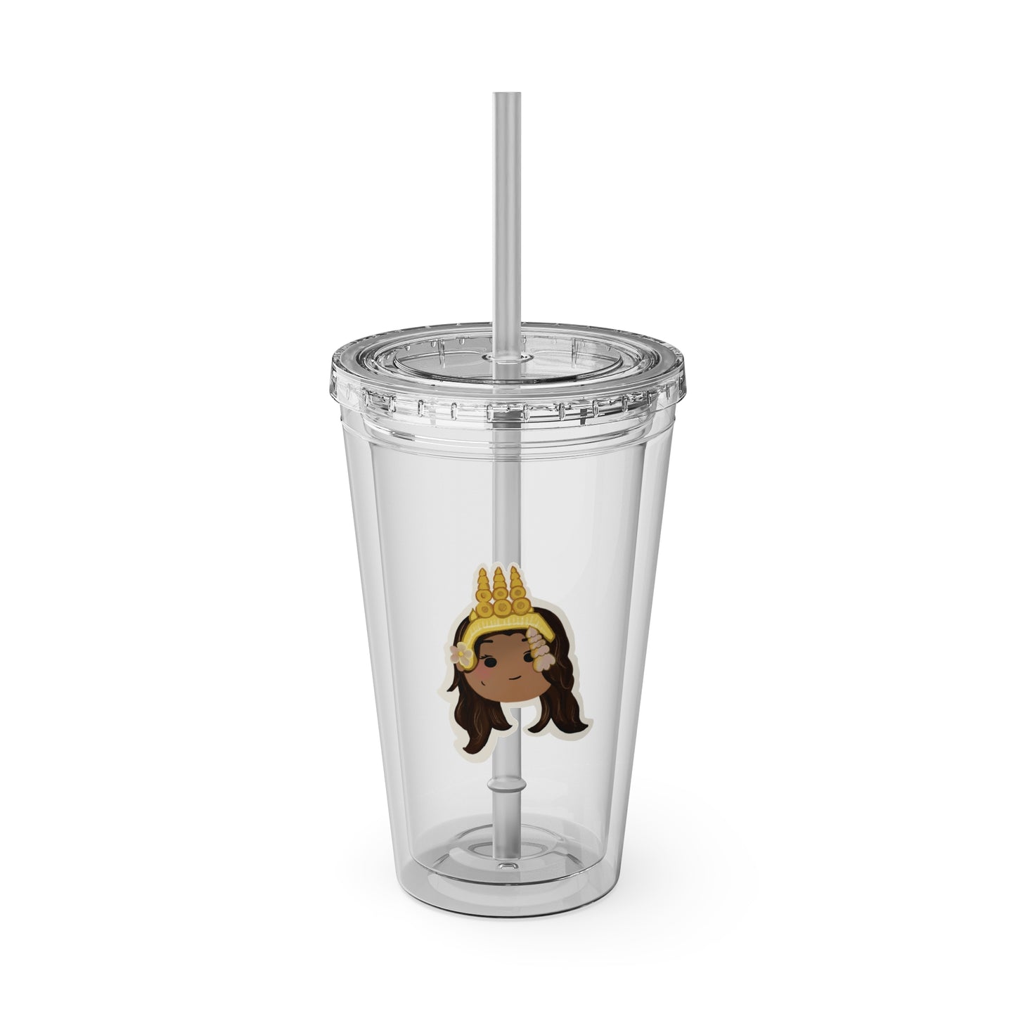 Khmer Apsara Hand Drawn Cartoon Tumbler with Straw, 16 oz